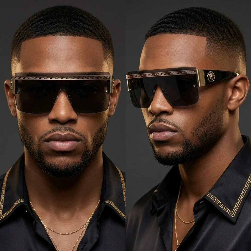 Men Sunglasses Festival, Cyber, Steampunk Retro Designer Look Gold Trim, Rimless